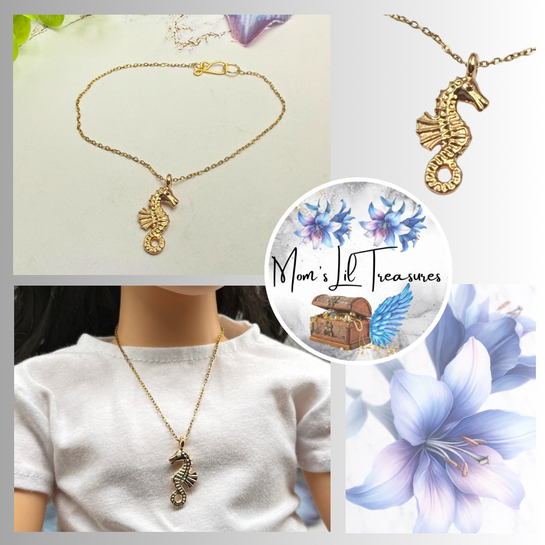 ✨Handmade Doll Jewelry Designed to Fit popular 18 Inch Fashion Dolls: add a little “Summer Fun ☀️ Beachy Style 🏝️” to your favorite doll!✨

Seahorse Charm Gold Chain Doll Necklace