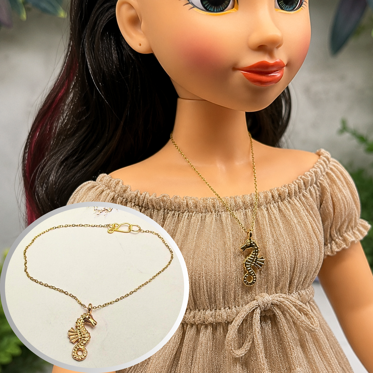 Handmade Doll Jewelry Designed to Fit popular 18 Inch Fashion Dolls: add a little “Summer Fun ☀️ Beachy Style 🏝️” to your favorite doll! Seahorse Charm Gold Chain Doll Necklace