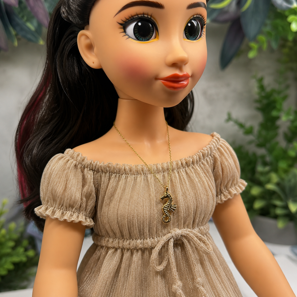 Handmade Doll Jewelry Designed to Fit popular 18 Inch Fashion Dolls: add a little “Summer Fun ☀️ Beachy Style 🏝️” to your favorite doll! Seahorse Charm Gold Chain Doll Necklace