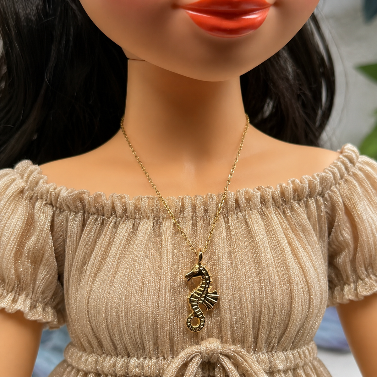 Handmade Doll Jewelry Designed to Fit popular 18 Inch Fashion Dolls: add a little “Summer Fun ☀️ Beachy Style 🏝️” to your favorite doll! Seahorse Charm Gold Chain Doll Necklace