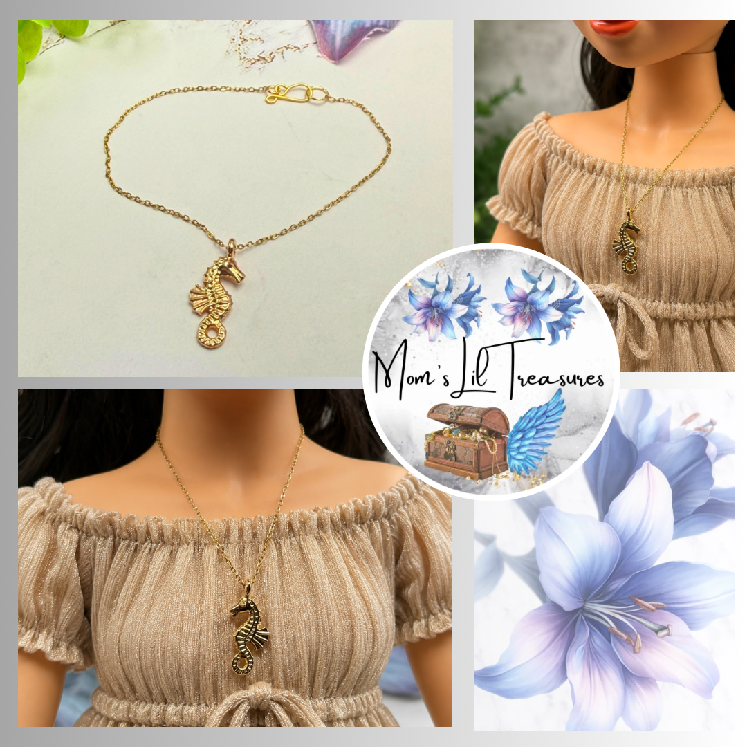 Handmade Doll Jewelry Designed to Fit popular 18 Inch Fashion Dolls: add a little “Summer Fun ☀️ Beachy Style 🏝️” to your favorite doll! Seahorse Charm Gold Chain Doll Necklace