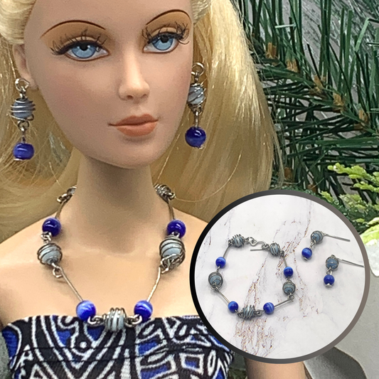Shades Of Blue Glass Silver Link Doll Necklace Earring Set • 16” Doll Jewelry