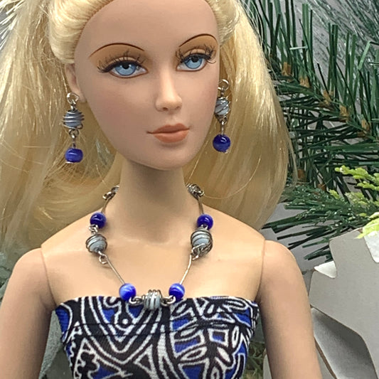 Shades Of Blue Glass Silver Link Doll Necklace Earring Set • 16” Doll Jewelry