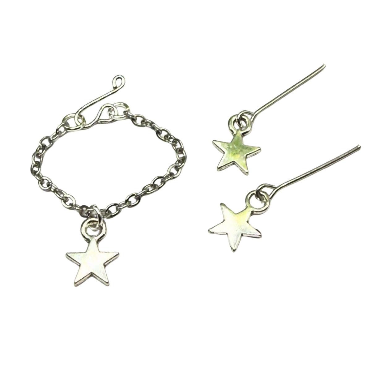 Star-shaped necklace and earrings on a white background