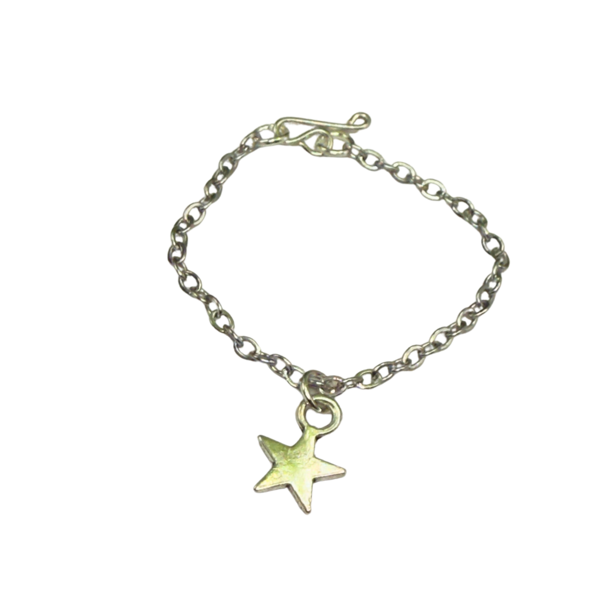 Silver doll necklace with a star charm on a white background