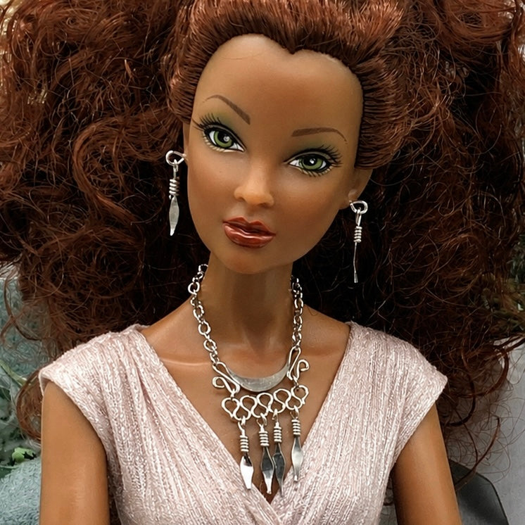 Silver Dangles Statement Doll Necklace Matching Earring Set. Necklace and earrings shown on 16” Spellbound Valentina doll 