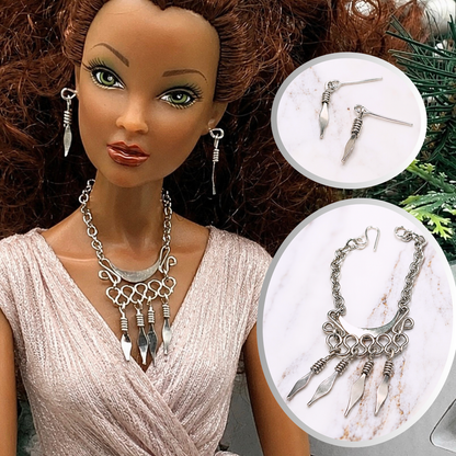 Silver Dangles Statement Doll Necklace Matching Earring Set. Necklace and earrings shown on 16” Spellbound Valentina doll 