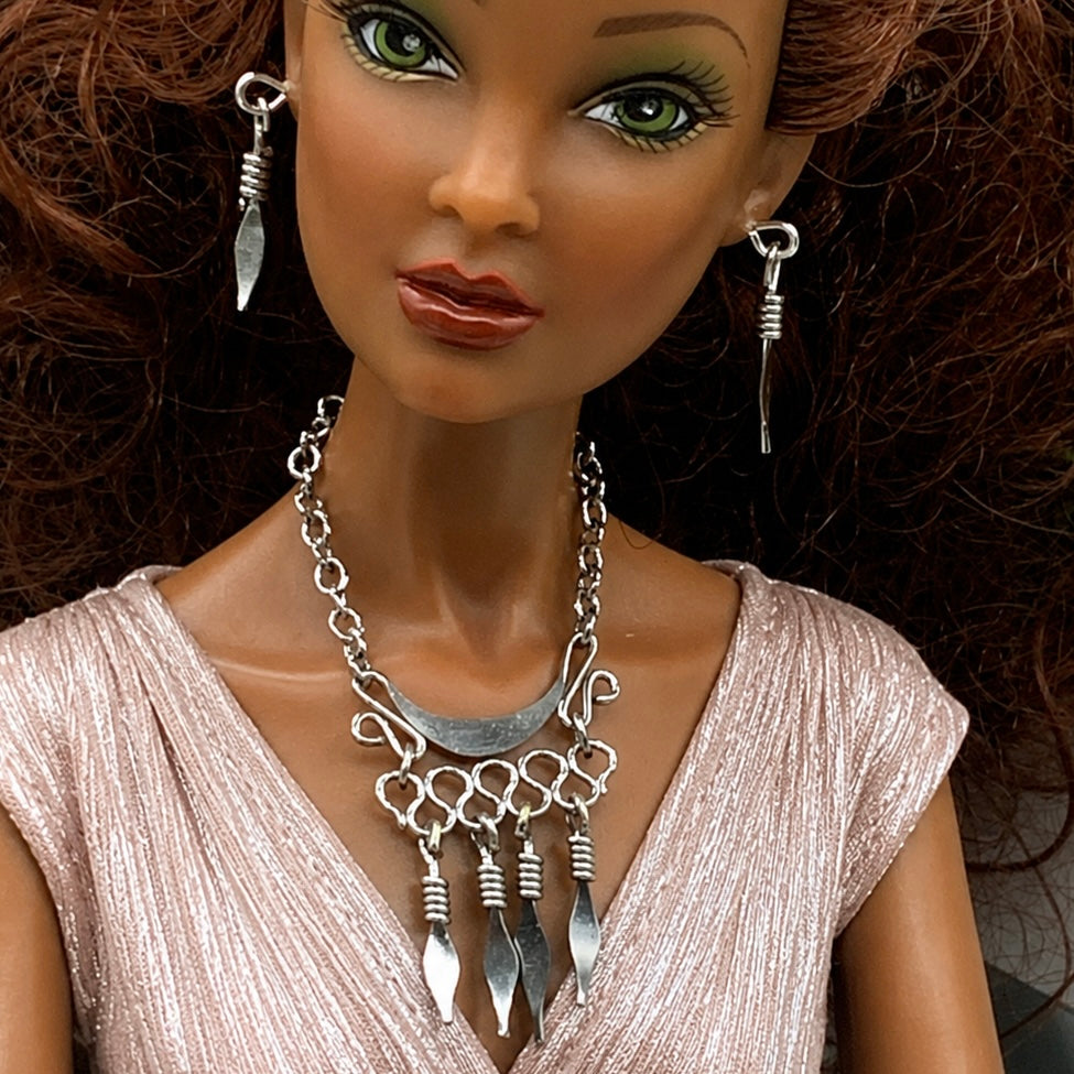Silver Dangles Statement Doll Necklace Matching Earring Set. Necklace and earrings shown on 16” Spellbound Valentina doll 