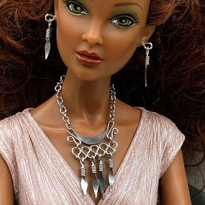 Silver Dangles Statement Doll Necklace Matching Earring Set. Necklace and earrings shown on 16” Spellbound Valentina doll 