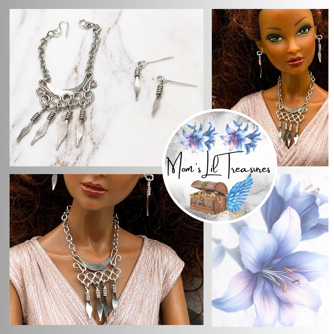 Silver Dangles Statement Doll Necklace Matching Earring Set. Necklace and earrings shown on 16” Spellbound Valentina doll 