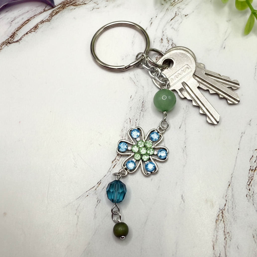 Silver Flower Light Blue Green Rhinestone Acrylic Beads Key Chain / Bag Charm