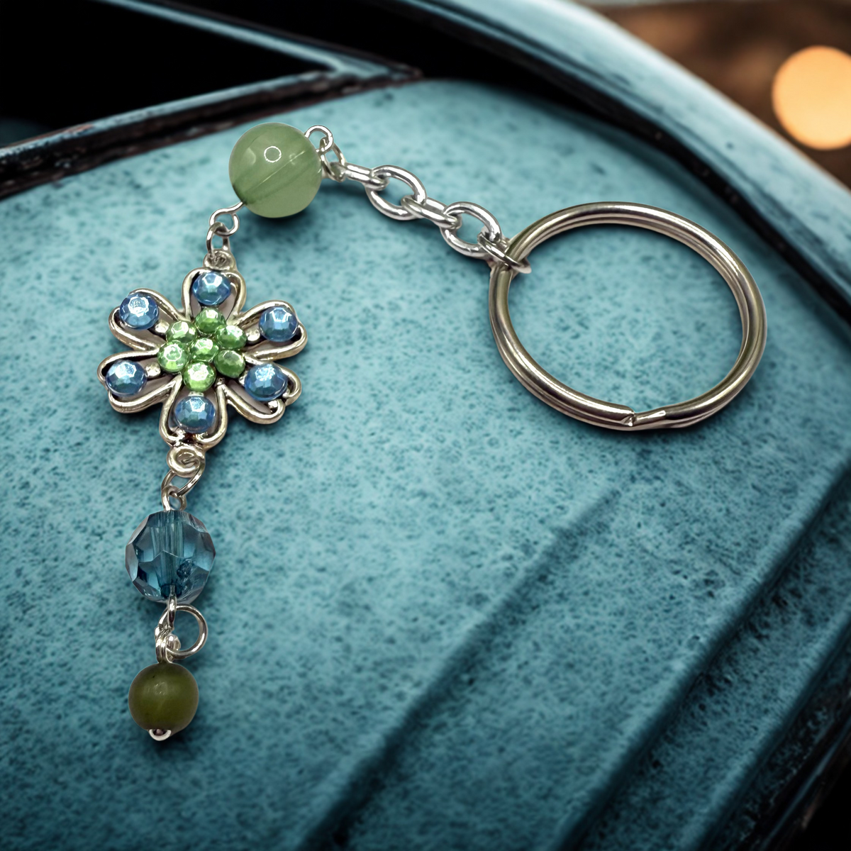 Silver Flower Light Blue Green Rhinestone Acrylic Beads Key Chain / Bag Charm