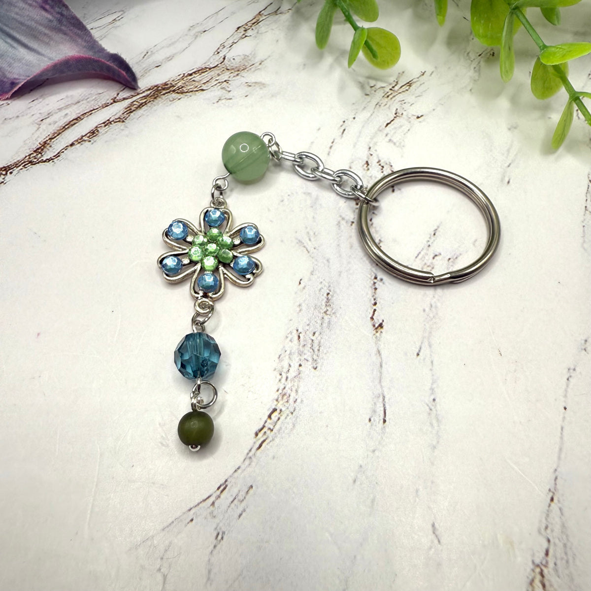 Silver Flower Light Blue Green Rhinestone Acrylic Beads Key Chain / Bag Charm