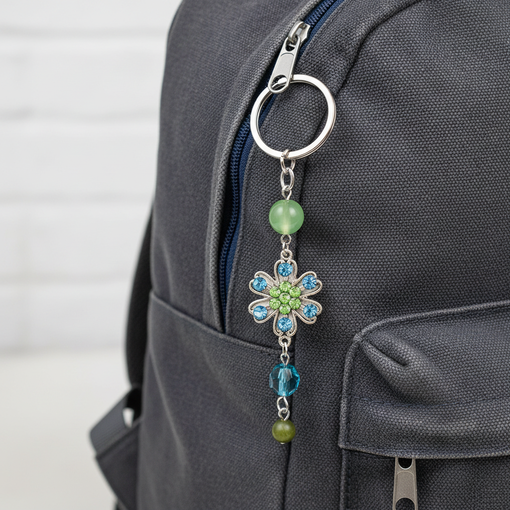 Silver Flower Light Blue Green Rhinestone Acrylic Beads Key Chain / Bag Charm