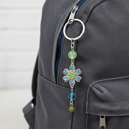 Silver Flower Light Blue Green Rhinestone Acrylic Beads Key Chain / Bag Charm