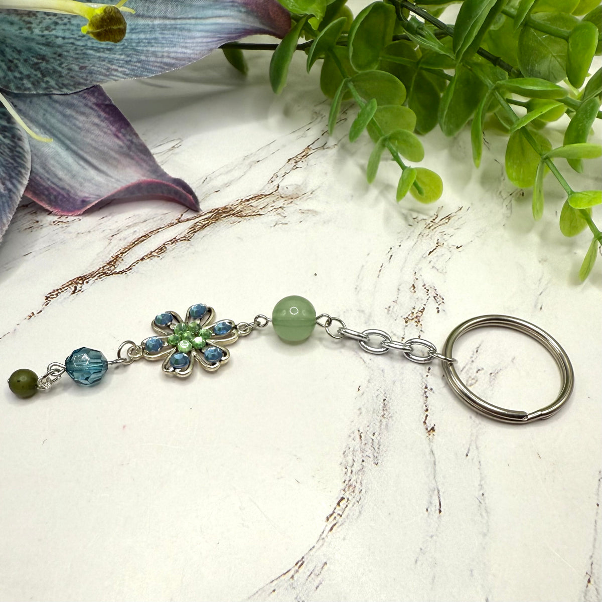 Silver Flower Light Blue Green Rhinestone Acrylic Beads Key Chain / Bag Charm