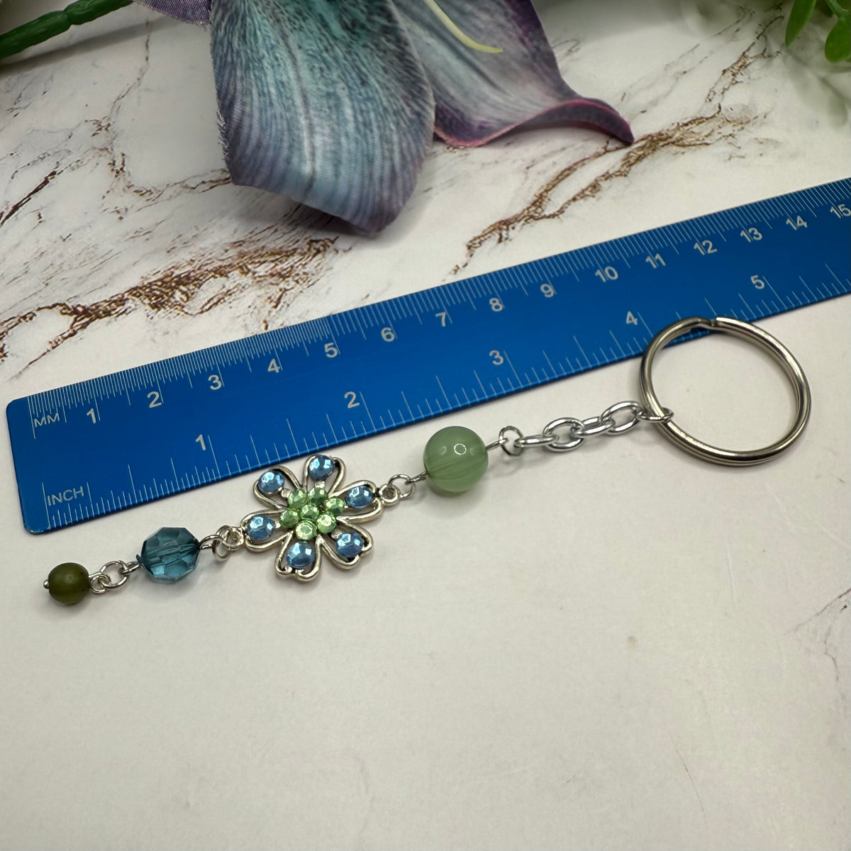 Silver Flower Light Blue Green Rhinestone Acrylic Beads Key Chain / Bag Charm