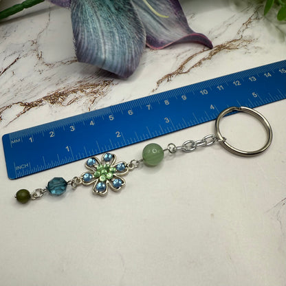 Silver Flower Light Blue Green Rhinestone Acrylic Beads Key Chain / Bag Charm