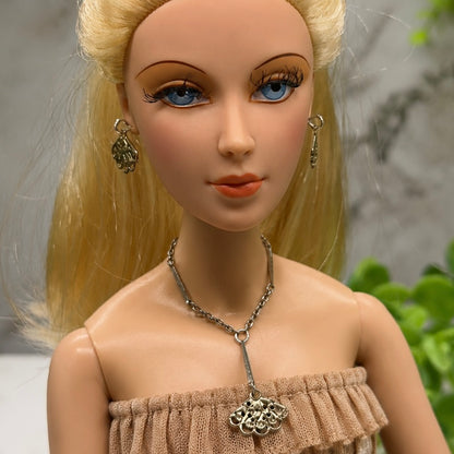 Silver & Gold Filigree Fan Dangle Doll Necklace Earring Set. The necklace measures 3-1/4 inches long. Necklace and earrings shown on 16” Madame Alexander - Alex doll 