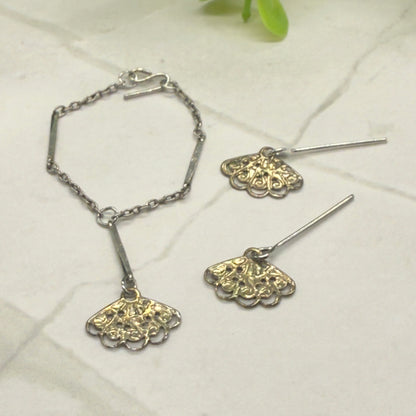 Silver & Gold Filigree Fan Dangle Doll Necklace Earring Set • 16 Inch Doll Jewelry