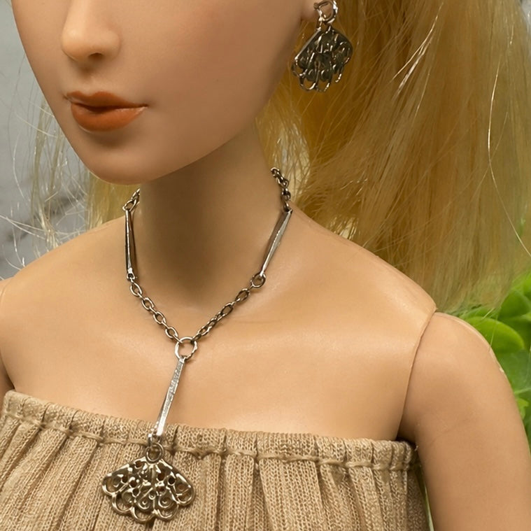 Silver & Gold Filigree Fan Dangle Doll Necklace Earring Set. The necklace measures 3-1/4 inches long. Necklace and earrings shown on 16” Madame Alexander - Alex doll 
