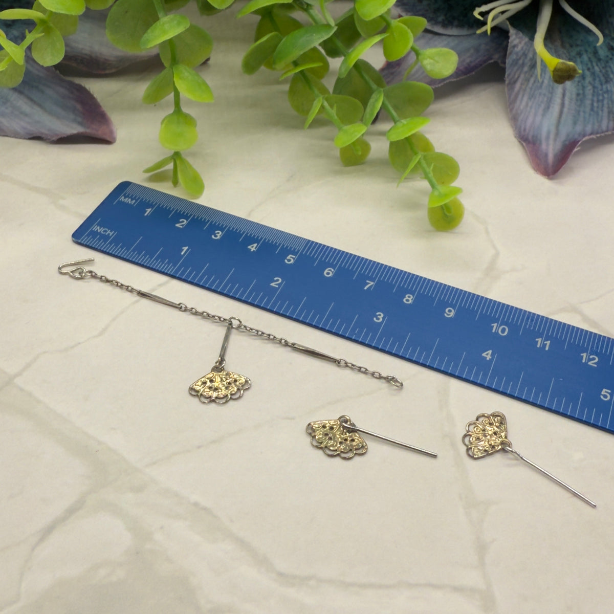 Silver & Gold Filigree Fan Dangle Doll Necklace Earring Set • 16 Inch Doll Jewelry