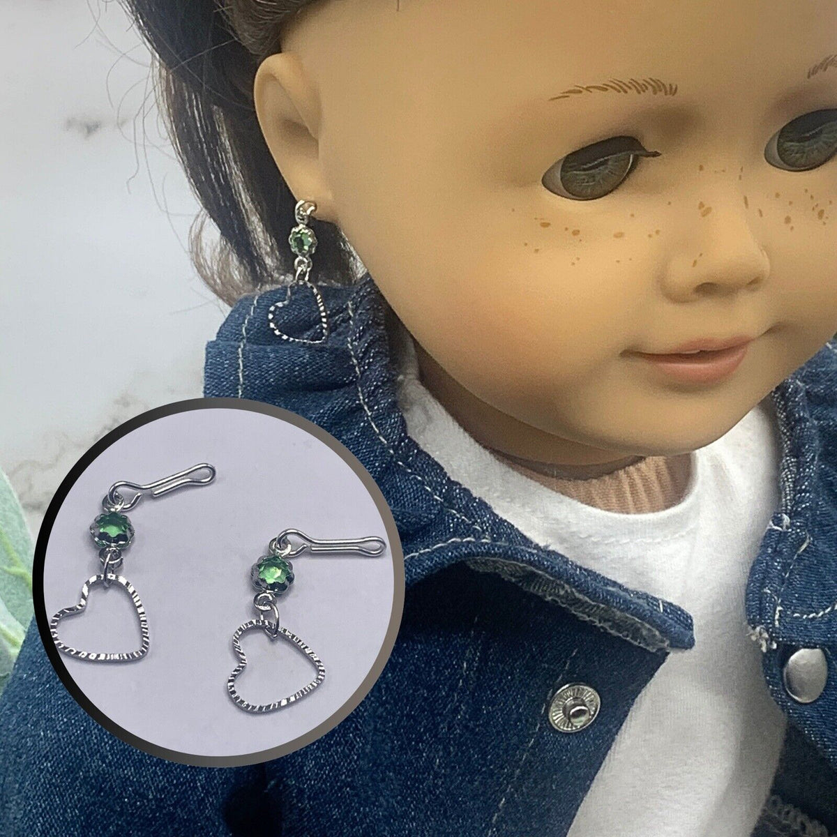 Silver Heart Charm with Green Crystal Accents Dangle Doll Earrings • EARRING WIRES ARE FORMED TO FIT SECURELY IN 2mm DRILLED PIERCED DOLL EARS • Earrings shown on 18" American Girl doll