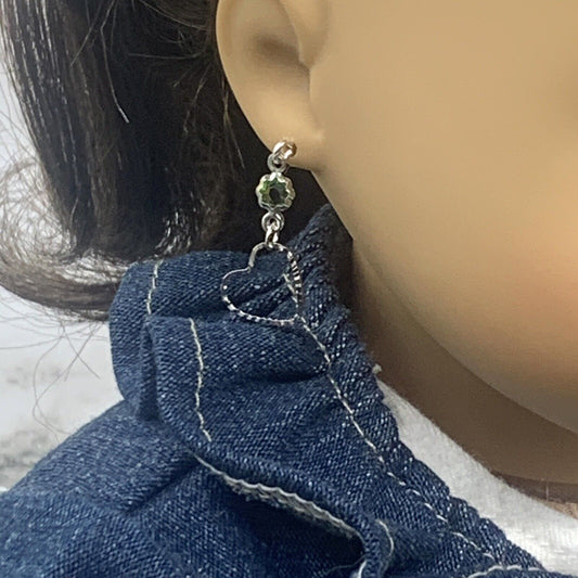 Silver Heart Charm with Green Crystal Accents Dangle Doll Earrings • EARRING WIRES ARE FORMED TO FIT SECURELY IN 2mm DRILLED PIERCED DOLL EARS • Earrings shown on 18" American Girl doll