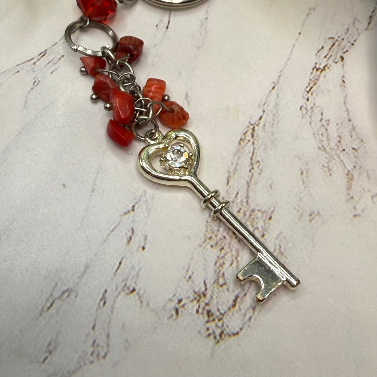 Silver Heart Top Key Charm Red Glass Stone Dangles Key Chain / Bag Charm