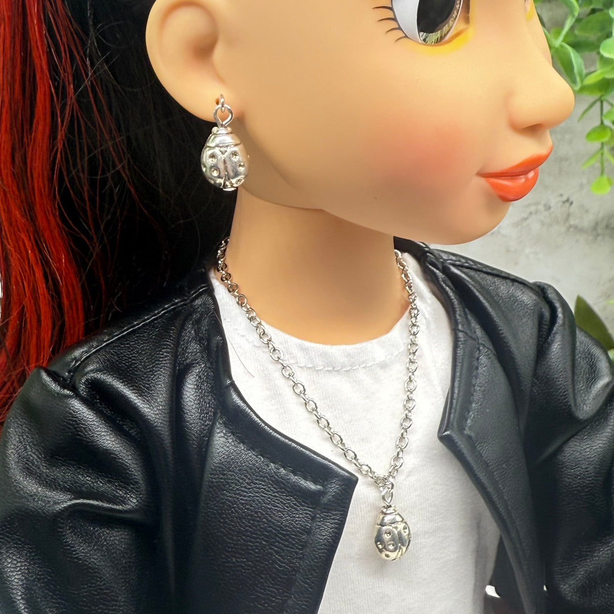Silver Lady Bug Charm Doll Necklace & Earrings Set • necklace measures 7.25 inches long • necklace and earrings shown on 18" fashion doll