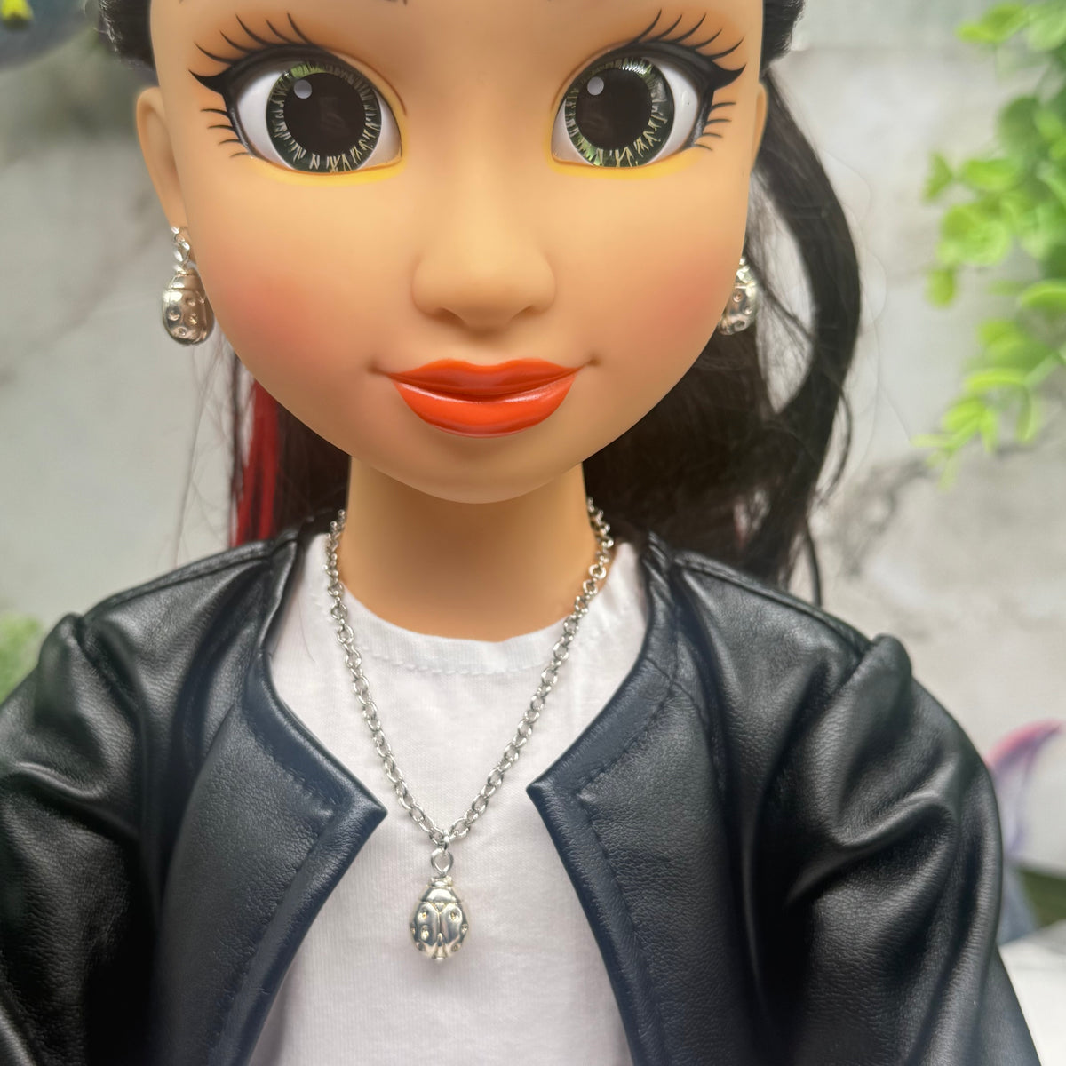 Silver Lady Bug Charm Doll Necklace & Earrings Set • necklace measures 7.25 inches long • necklace and earrings shown on 18" fashion doll