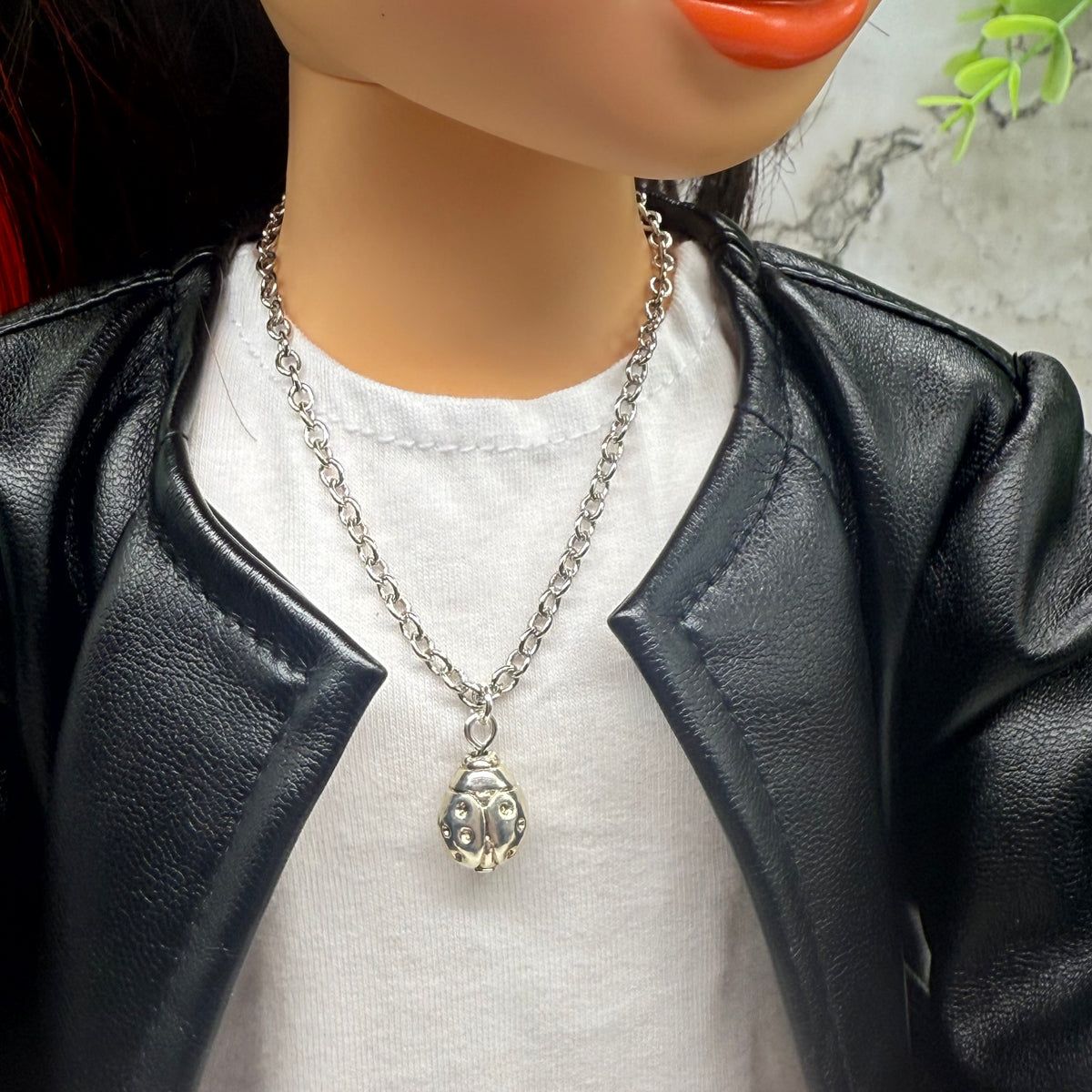 Silver Lady Bug Charm Doll Necklace & Earrings Set • necklace measures 7.25 inches long • necklace and earrings shown on 18" fashion doll