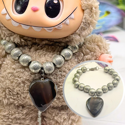 ✨Handmade Jewelry Designed to fit popular 17 to 20 cm (6 to 7 inch) Plushie Labubu Monster Dolls: add a stylish touch to your favorite plushie! ✨

Silver Metal Beaded Brown Glass Heart Charm Necklace
