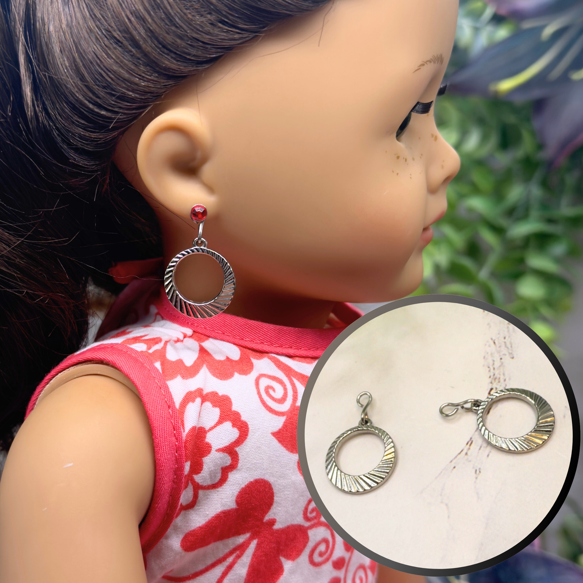Silver Textured Circle Dangles • Fits 2mm Post Earrings • EARRING POSTS ARE NOT INCLUDED - DANGLE CHARMS ONLY - For dolls with 2mm (drilled) pierced ears • Earrings shown on 18" American Girl doll.