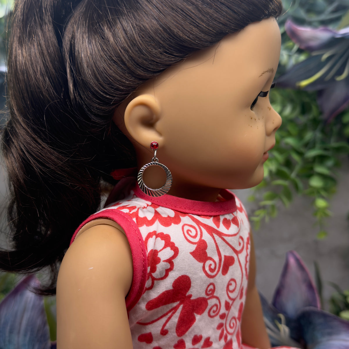 Silver Textured Circle Dangles • Fits 2mm Post Earrings • EARRING POSTS ARE NOT INCLUDED - DANGLE CHARMS ONLY - For dolls with 2mm (drilled) pierced ears • Earrings shown on 18" American Girl doll.