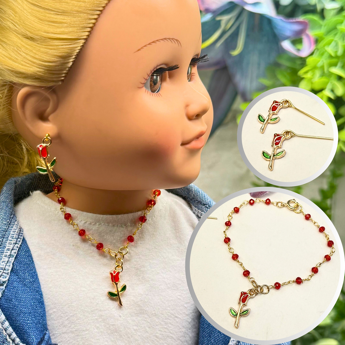 ✨ Handmade Doll Jewelry Designed to Fit popular 18 Inch Fashion Dolls: add a stylish touch to your favorite doll ✨

Single Red Rose Charm Red Glass Crystal Beaded Doll Necklace & Earrings Set