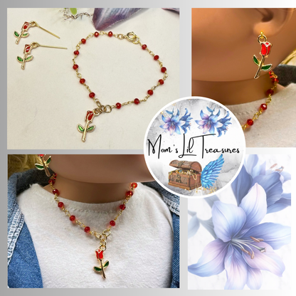 ✨ Handmade Doll Jewelry Designed to Fit popular 18 Inch Fashion Dolls: add a stylish touch to your favorite doll ✨

Single Red Rose Charm Red Glass Crystal Beaded Doll Necklace & Earrings Set