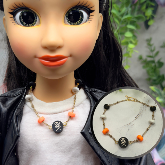✨Handmade Doll Jewelry Designed to Fit popular 18 Inch Fashion Dolls: add some “Spooky Halloween 🎃” style to your favorite doll!✨

Skull Bones Halloween Silicone Beaded Gold Chain Doll Necklace