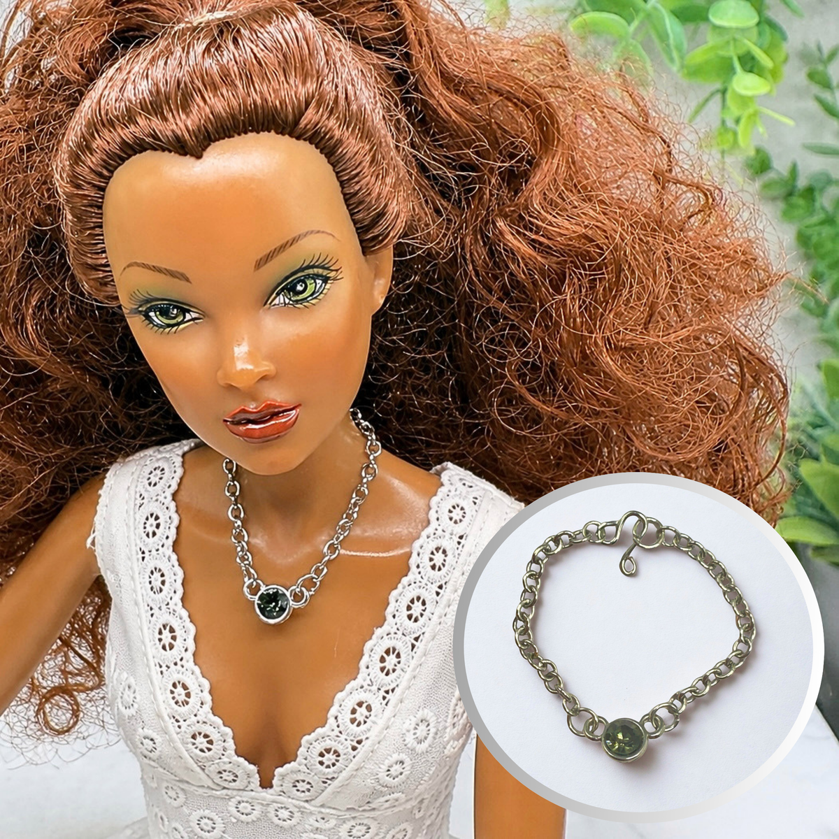 Smoky Green Round Crystal Pendant Silver Chain Doll Necklace • Necklace measures 3.5 inches long • Necklace shown on 16 Inch Spellbound Valentina doll