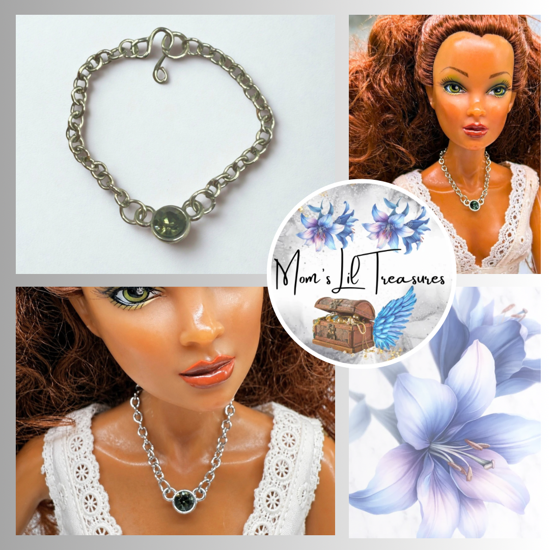 Smoky Green Round Crystal Pendant Silver Chain Doll Necklace • Necklace measures 3.5 inches long • Necklace shown on 16 Inch Spellbound Valentina doll