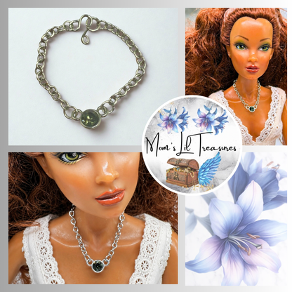 Smoky Green Round Crystal Pendant Silver Chain Doll Necklace • Necklace measures 3.5 inches long • Necklace shown on 16 Inch Spellbound Valentina doll