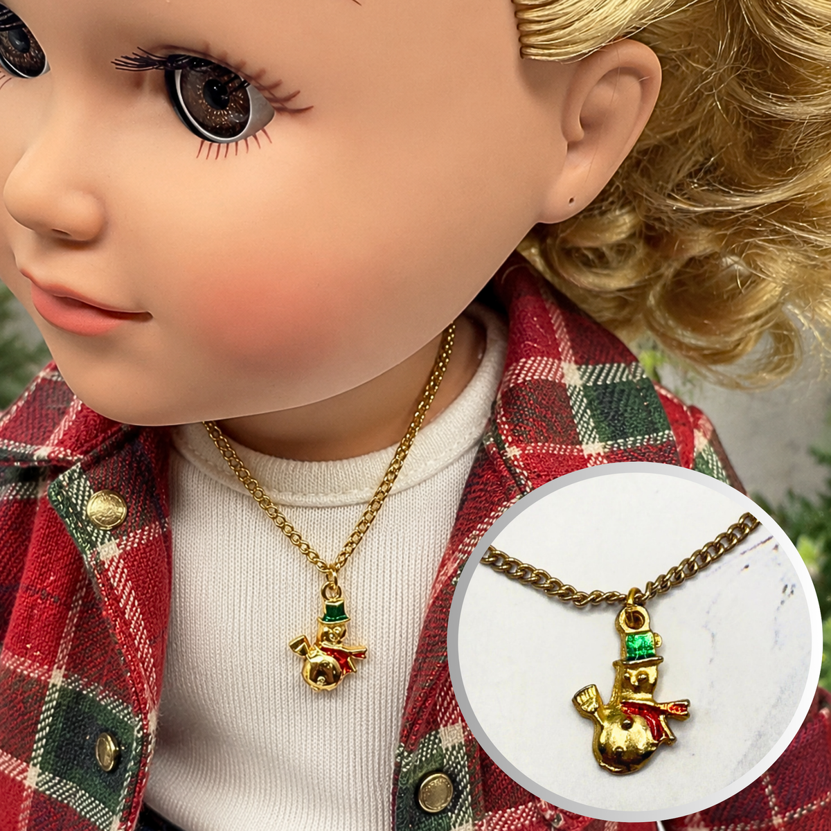 ✨Handmade Doll Jewelry Designed to Fit popular 18 Inch Fashion Dolls: add jolly “Christmas Holiday🎄” style to your favorite doll!✨ Christmas Snowman Gold Charm Doll Necklace • Necklace chain measures 6.25 inches long• necklace shown on 18" My Life As doll