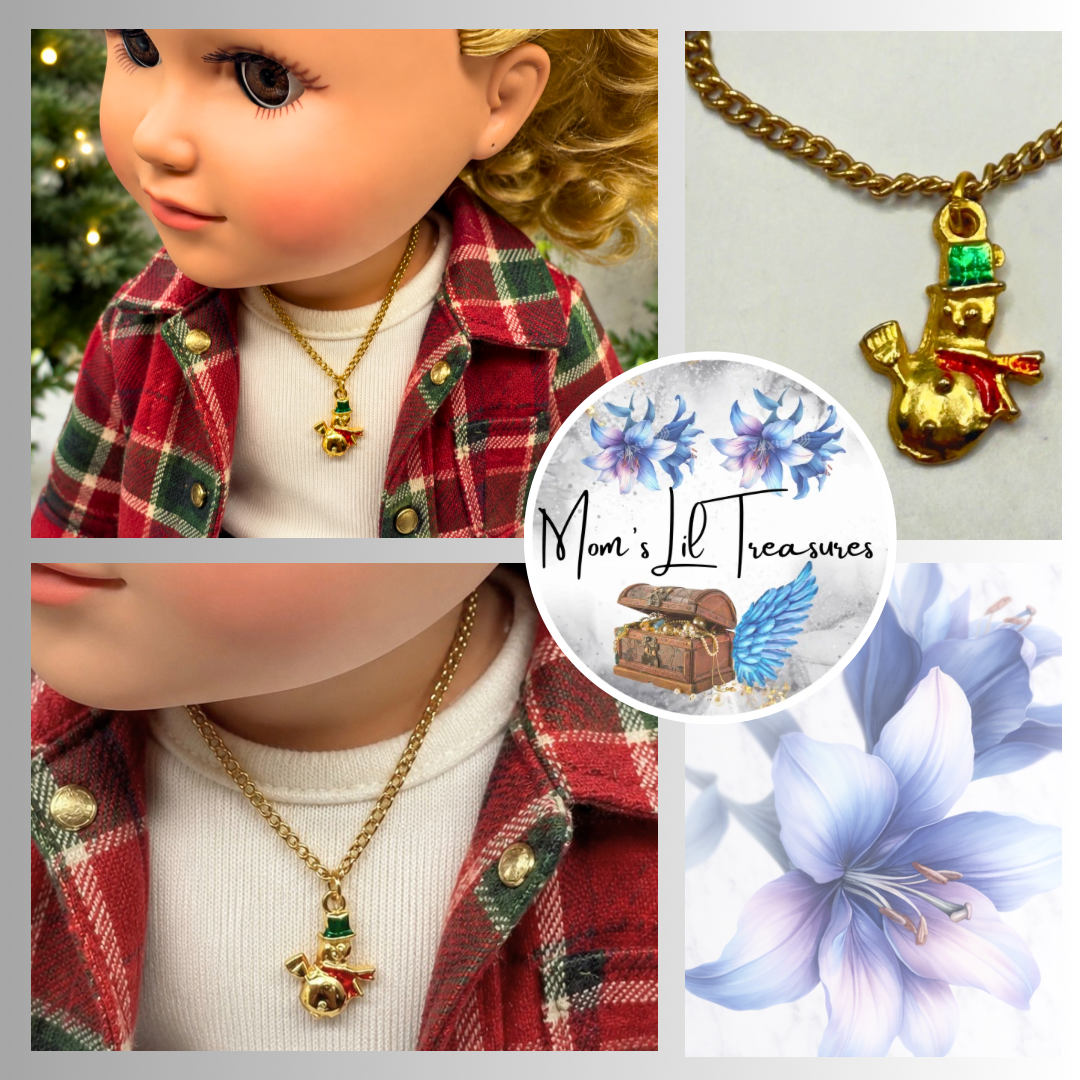 ✨Handmade Doll Jewelry Designed to Fit popular 18 Inch Fashion Dolls: add jolly “Christmas Holiday🎄” style to your favorite doll!✨ Christmas Snowman Gold Charm Doll Necklace • Necklace chain measures 6.25 inches long • necklace shown on 18" My Life As doll