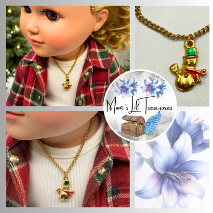 ✨Handmade Doll Jewelry Designed to Fit popular 18 Inch Fashion Dolls: add jolly “Christmas Holiday🎄” style to your favorite doll!✨ Christmas Snowman Gold Charm Doll Necklace • Necklace chain measures 6.25 inches long • necklace shown on 18" My Life As doll