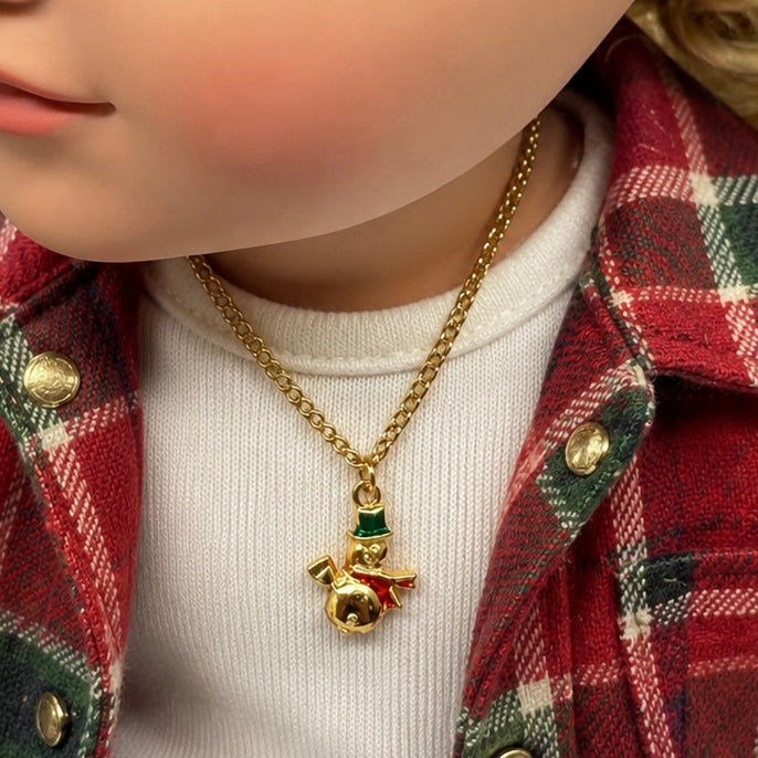 ✨Handmade Doll Jewelry Designed to Fit popular 18 Inch Fashion Dolls: add jolly “Christmas Holiday🎄” style to your favorite doll!✨ Christmas Snowman Gold Charm Doll Necklace • Necklace chain measures 6.25 inches long • necklace shown on 18" My Life As doll