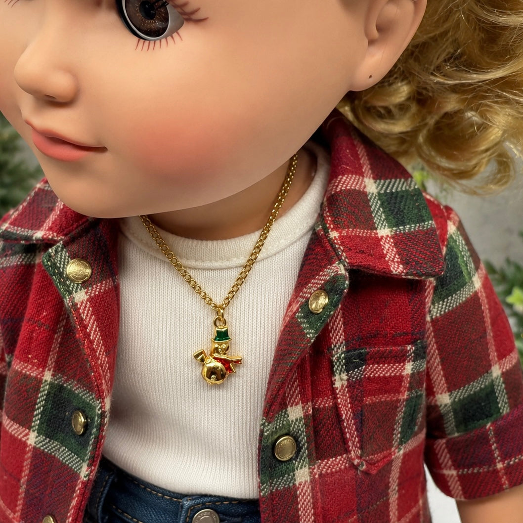 ✨Handmade Doll Jewelry Designed to Fit popular 18 Inch Fashion Dolls: add jolly “Christmas Holiday🎄” style to your favorite doll!✨ Christmas Snowman Gold Charm Doll Necklace • Necklace chain measures 6.25 inches long • necklace shown on 18" My Life As doll