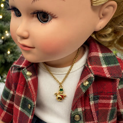 ✨Handmade Doll Jewelry Designed to Fit popular 18 Inch Fashion Dolls: add jolly “Christmas Holiday🎄” style to your favorite doll!✨ Christmas Snowman Gold Charm Doll Necklace • Necklace chain measures 6.25 inches long • necklace shown on 18" My Life As doll