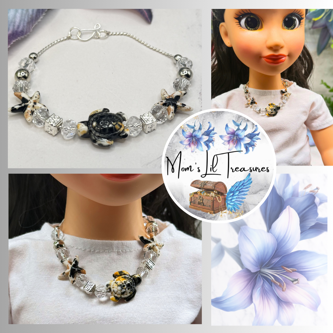 ✨Handmade Doll Jewelry Designed to Fit popular 18 Inch Fashion Dolls: add a little “Summer Fun ☀️ Beachy Style 🏝️” to your favorite doll!✨

Black Yellow Starfish Sea Turtle Charm Clear Crystal Beaded Doll Necklace