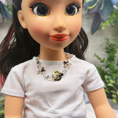 ✨Handmade Doll Jewelry Designed to Fit popular 18 Inch Fashion Dolls: add a little “Summer Fun ☀️ Beachy Style 🏝️” to your favorite doll!✨

Black Yellow Starfish Sea Turtle Charm Clear Crystal Beaded Doll Necklace