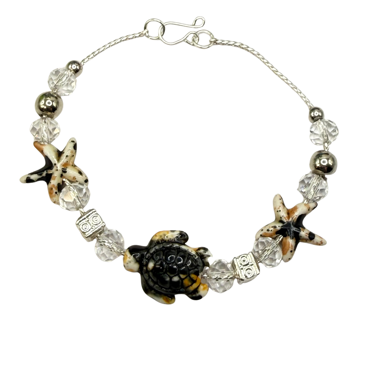 ✨Handmade Doll Jewelry Designed to Fit popular 18 Inch Fashion Dolls: add a little “Summer Fun ☀️ Beachy Style 🏝️” to your favorite doll!✨

Black Yellow Starfish Sea Turtle Charm Clear Crystal Beaded Doll Necklace
